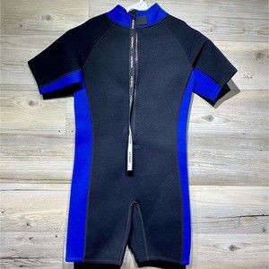 Akona Coolfrog Shorty Youth Kids L 11/12 Black/Blue Scuba Wetsuit Thick Neoprene